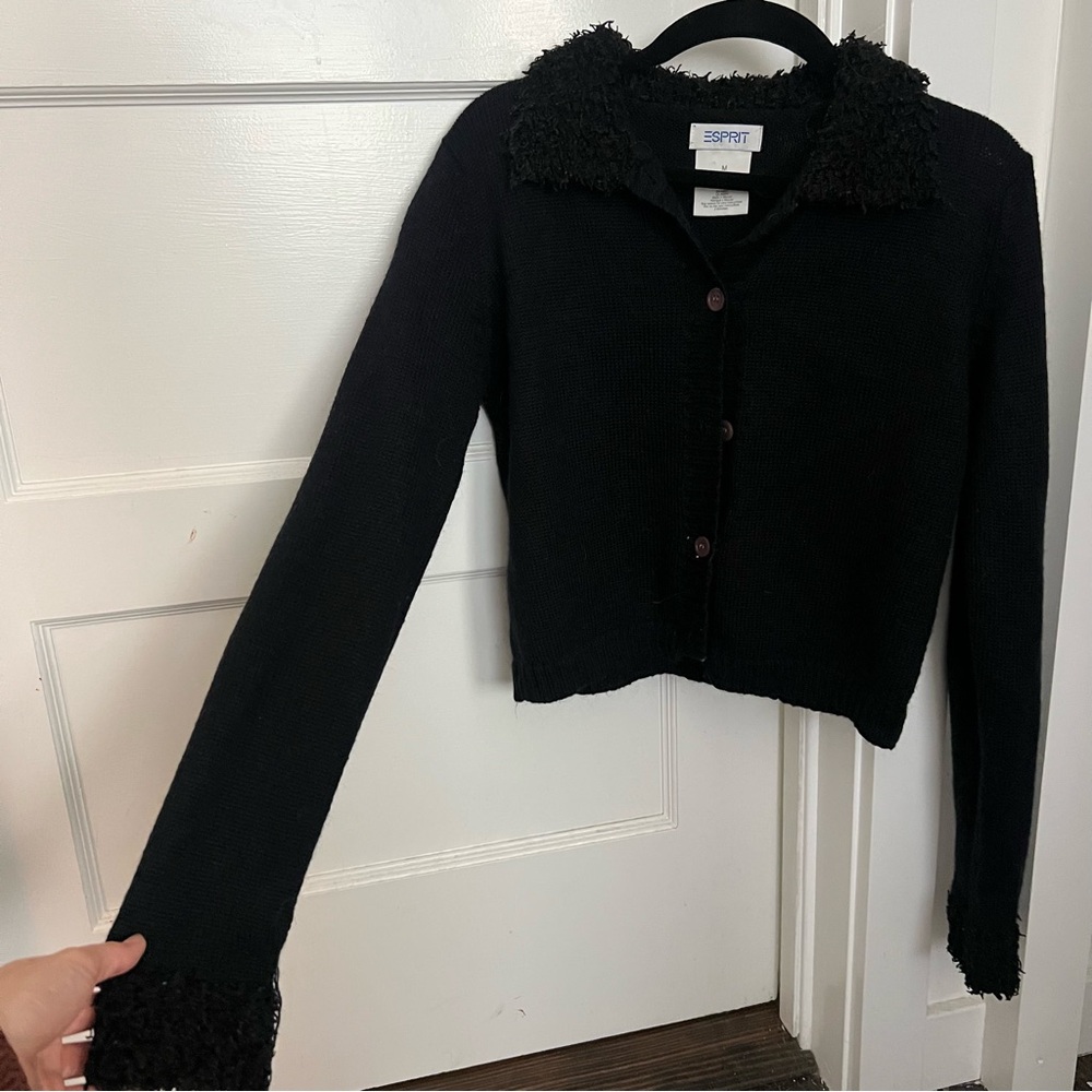 Vintage cropped Esprit cardigan with fuzzy collar & wrists - Picture 2 of 4